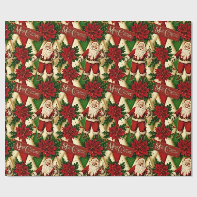Vintage Santa und Poinsettias Collage Geschenkpapier (Flach)