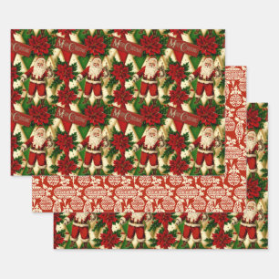 Vintage Santa und Poinsettias Collage Geschenkpapier Set