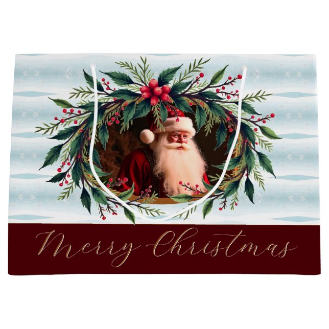 Vintage Santa With Greenery Große Geschenktüte (Vorderseite)