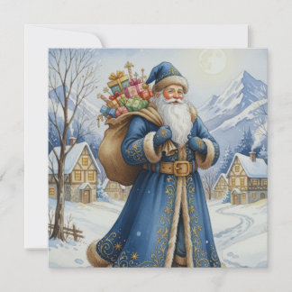 Vintage Santa with Presents and Mountain Village  Feiertagskarte