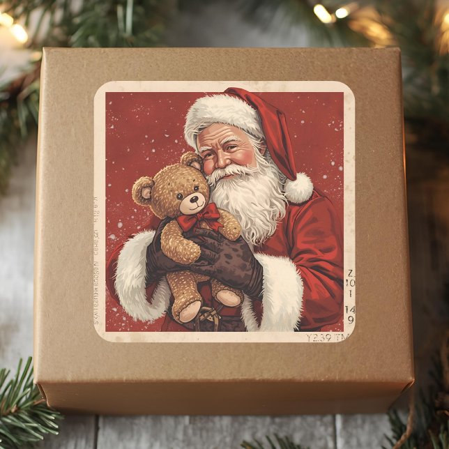 Vintage Santa With Teddy Bear Christmas  Quadratischer Aufkleber (Von Creator hochgeladen)
