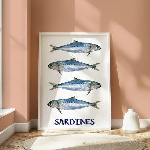 Vintage Sardinen Küstenfisch-Illustration Wandkuns Poster