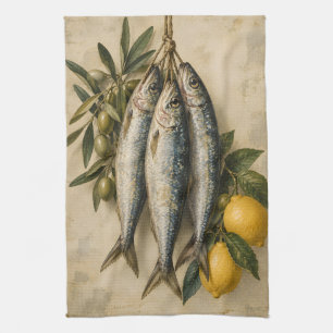 Vintage Sardinen mit Zitronen und Oliven Mediterra Geschirrtuch