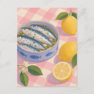 Vintage Sardinen Zitronen Mittelmeer Picknick Postkarte