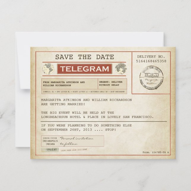 Vintage Save the Date alte Telegramme (Vorderseite)