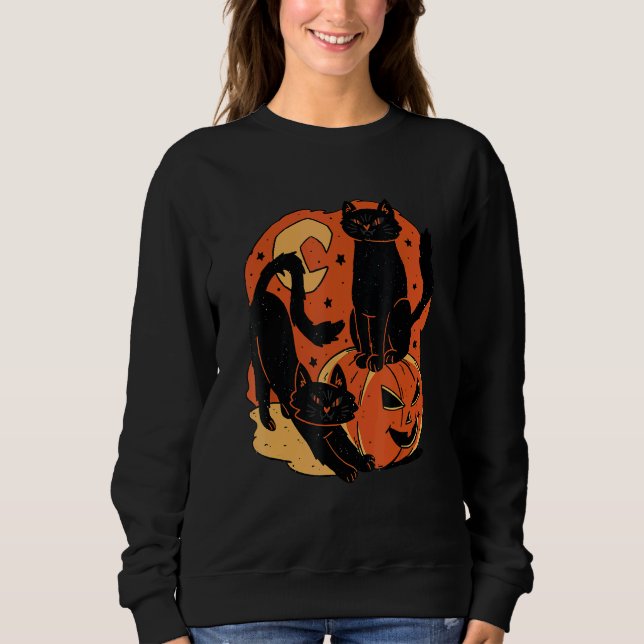 Vintage Scary Halloween Black Cats And Pumpkin Sweatshirt (Vorderseite)