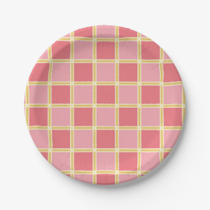 Vintage Schachbrett in Rosa, Koralle und Gelb Pappteller