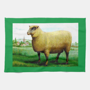 Vintage-Schaf grüne Grasweide  Geschirrtuch