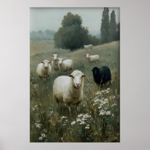 Vintage-Schafsdruck, Schwarze Schaf-Farmhaus Poster