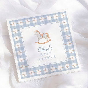 Vintage Schaukelpferd Blau Gingham Baby Shower Serviette