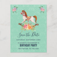 Vintage-Schaukelpferd mit Blumen Save the Date