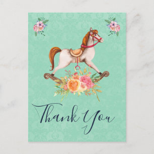 Vintage Schaukelpferd und Blumenstrauß Dankeschön Postkarte