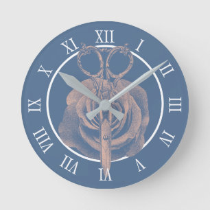 Vintage Schere & Rose Flower Dusty Blue Salon Runde Wanduhr