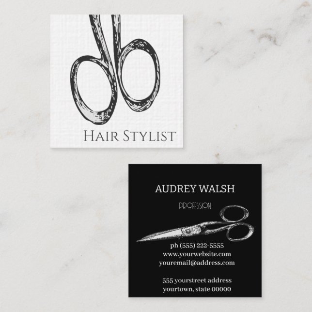 Vintage Schere, schlicht, modern schwarz-weiß Quadratische Visitenkarte (Vorne/Hinten)
