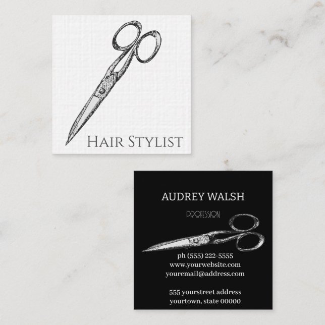 Vintage Schere, schlicht, modern schwarz-weiß Quadratische Visitenkarte (Vorne/Hinten)