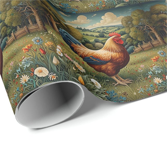 Vintage schicke Hühnerlandschaft Geschenkpapier (Rolleneckpunkt)
