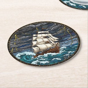 Vintage-Schiff-Getränkeuntersetzer, stürmische See Runder Pappuntersetzer