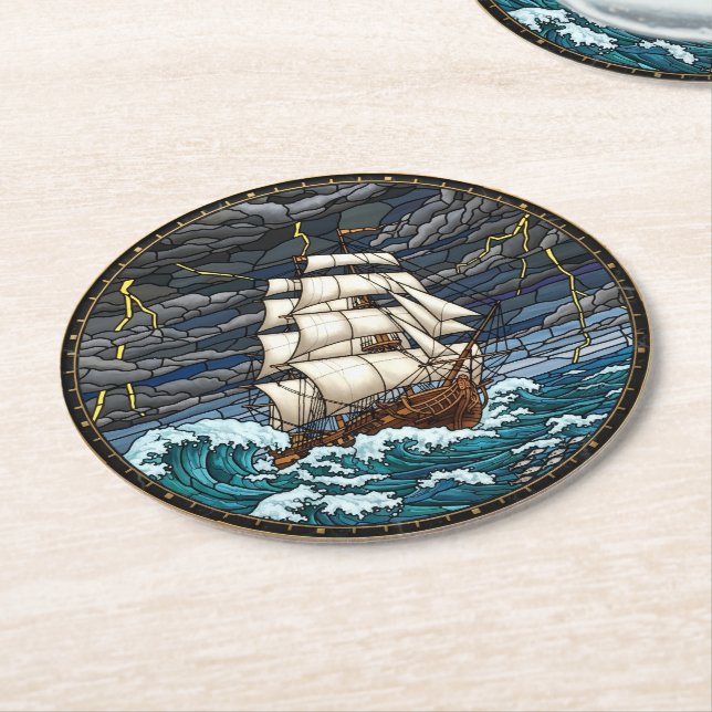 Vintage-Schiff-Getränkeuntersetzer, stürmische See Runder Pappuntersetzer (Angewinkelt)