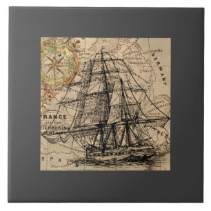 Vintage Schiff und Karte Fliese