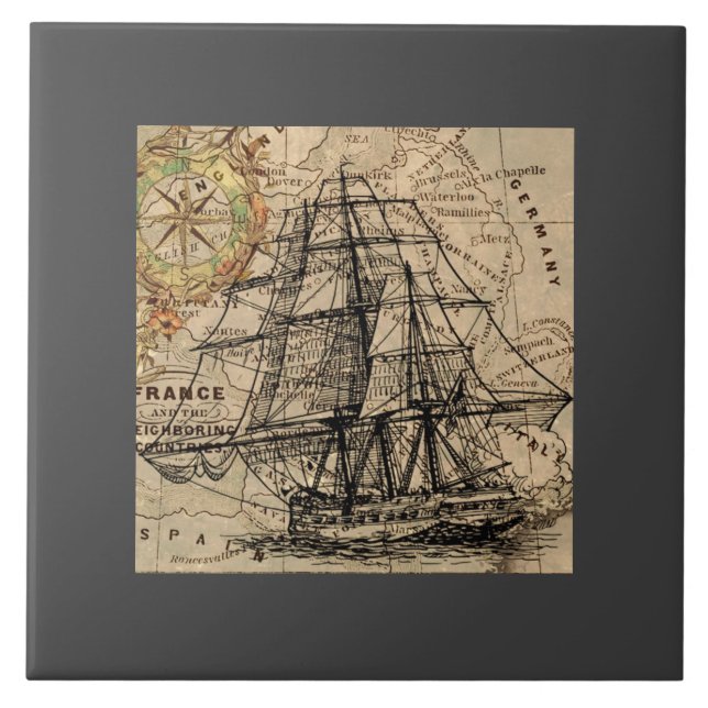 Vintage Schiff und Karte Fliese (Vorderseite)