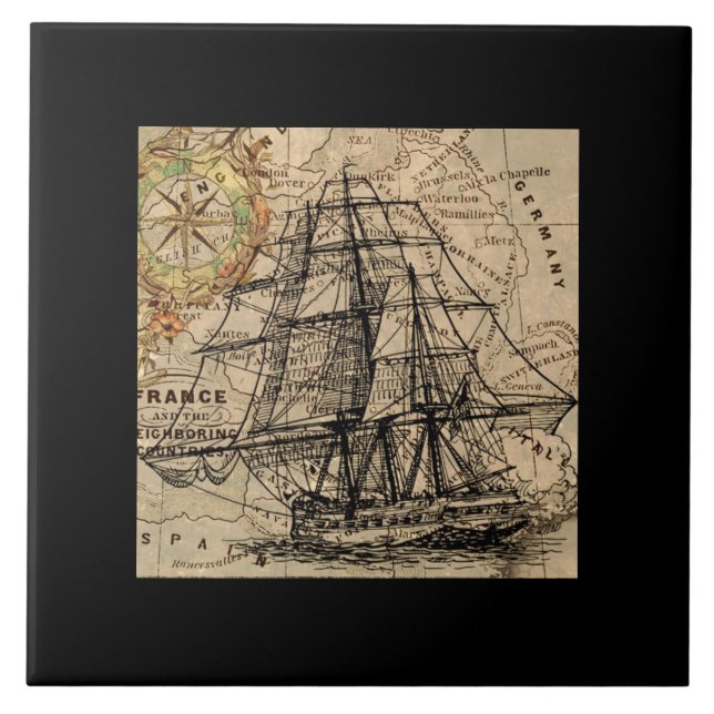 Vintage Schiff und Karte Fliese (Vorderseite)