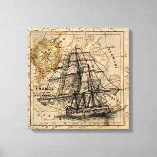 Vintage Schiff und Karte Leinwanddruck