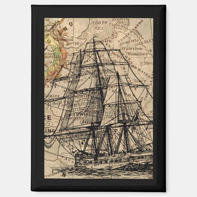 Vintage Schiff und Karte Magnet (Vorderseite)
