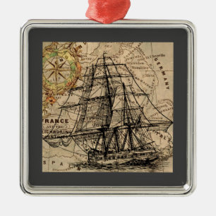 Vintage Schiff und Karte Ornament Aus Metall
