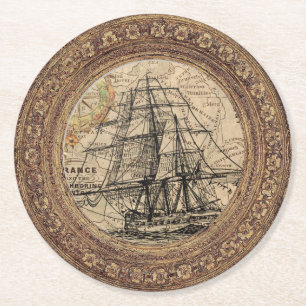 Vintage Schiff und Karte Runder Pappuntersetzer