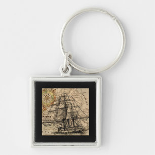 Vintage Schiff und Karte Schlüsselanhänger