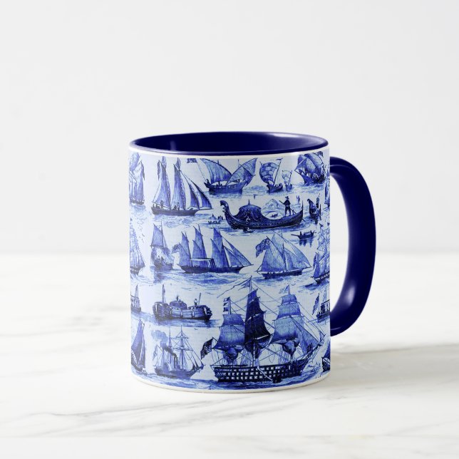 VINTAGE SCHIFFE, SEGELSCHIFFE, Navy Blue Nautical Tasse (VorderseiteRechts)