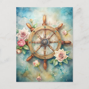 Vintage-Schiffsrad rosa cremefarbene Rosen Ozean Postkarte