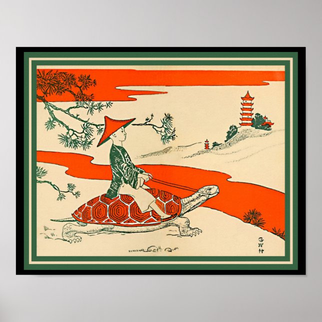 Vintage Schildkröte, Chinesische Boy Riding Turtle Poster (Vorne)