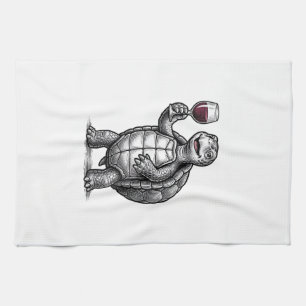 Vintage-Schildkröte-mit-Weinglas-Shirt-Design_1 Geschirrtuch