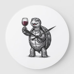 Vintage-Schildkröte-mit-Weinglas-Shirt-Design_1 Große Wanduhr