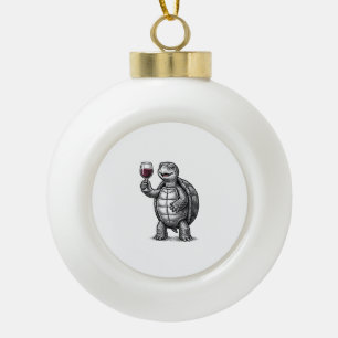 Vintage-Schildkröte-mit-Weinglas-Shirt-Design_1 Keramik Kugel-Ornament