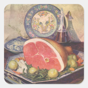 Vintage-Schinken-Dinner mit grünen Bohnen und Kart Quadratischer Aufkleber