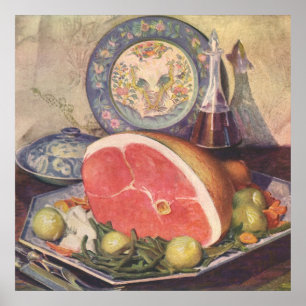 Vintage-Schinkenessen mit grünen Bohnen und Kartof Poster