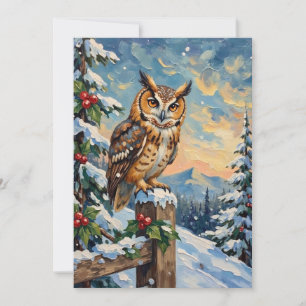 Vintage Schleiereule auf frostigem Zaun Weihnachte Feiertagskarte