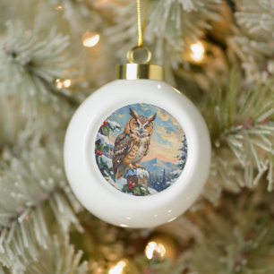 Vintage Schleiereule auf frostigem Zaun Weihnachte Keramik Kugel-Ornament