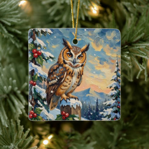 Vintage Schleiereule auf frostigem Zaun Weihnachte Keramikornament