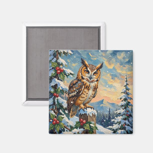 Vintage Schleiereule auf frostigem Zaun Weihnachte Magnet