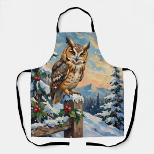 Vintage Schleiereule auf frostigem Zaun Weihnachte Schürze