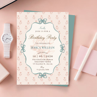 Vintage-Schleife pastellblau rosa Geburtstag Einladung