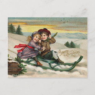 Vintage Schlitten fahrender Junge und Mädchen Postkarte