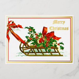 Vintage Schlitten mit Stechpalmen-Weihnachten Folien Feiertagskarte
