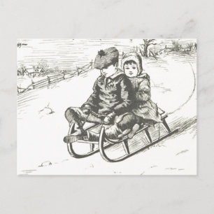 Vintage-Schlitten-Weihnachten-Ferien-Winter-Junge- Postkarte