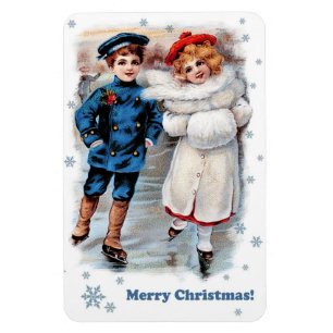 Vintage Schlittschuh laufende Kinder Weihnachtsges Magnet