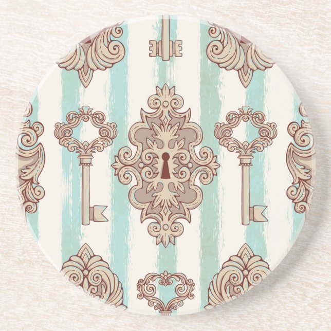 Vintage Schlüssel, Schlösser: Freehe und Muster. Getränkeuntersetzer (Vorne)