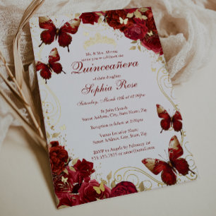 Vintage-Schmetterling-Blumen-Rot-Gold-Quinceanera Folieneinladung
